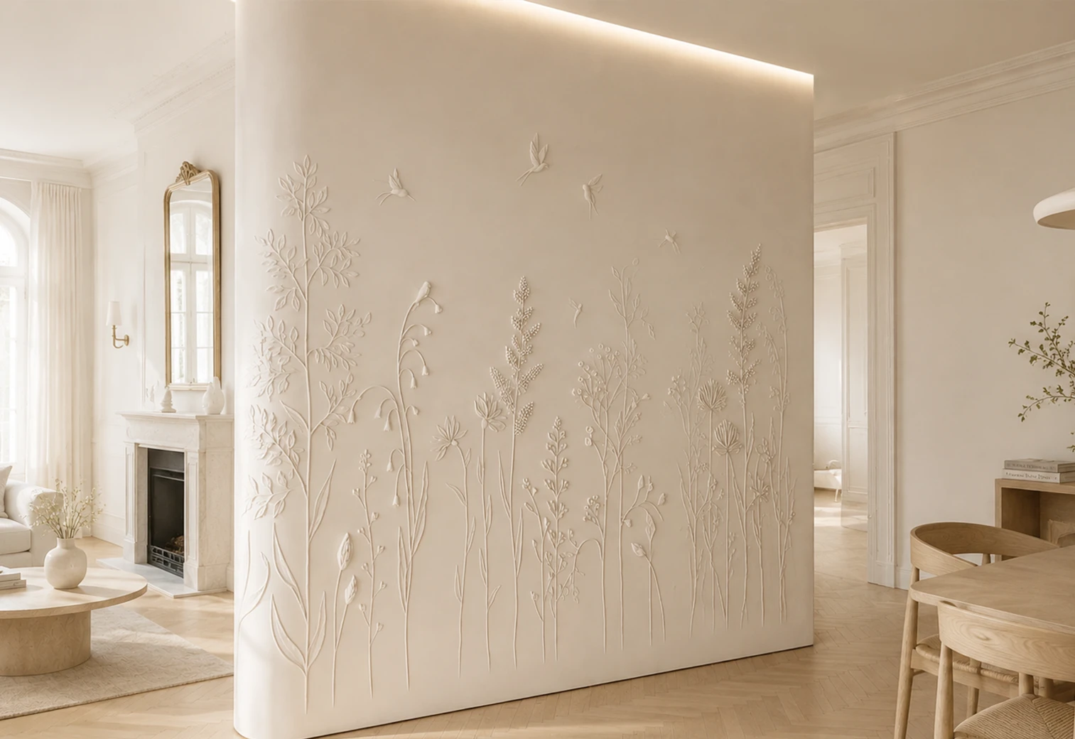 Architectural botanical bas-relief integrated into a warm neutral interior wall by AnaKleo Studio