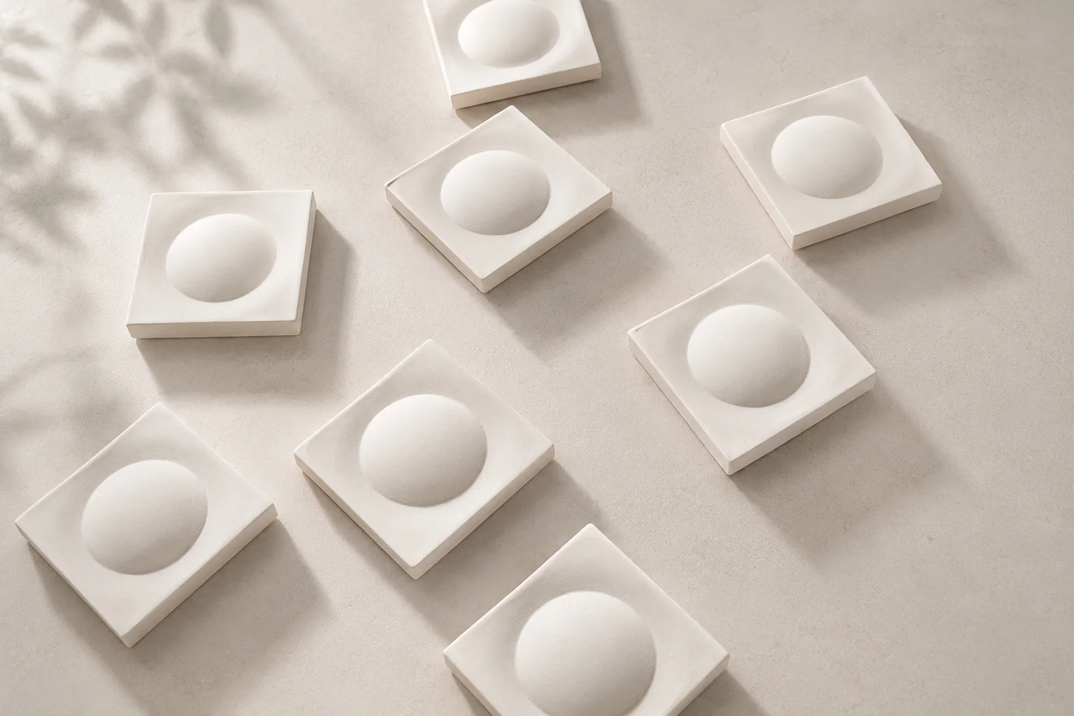 White plaster bas-relief form studies showing sculptural depth and geometric volume by AnaKleo Studio