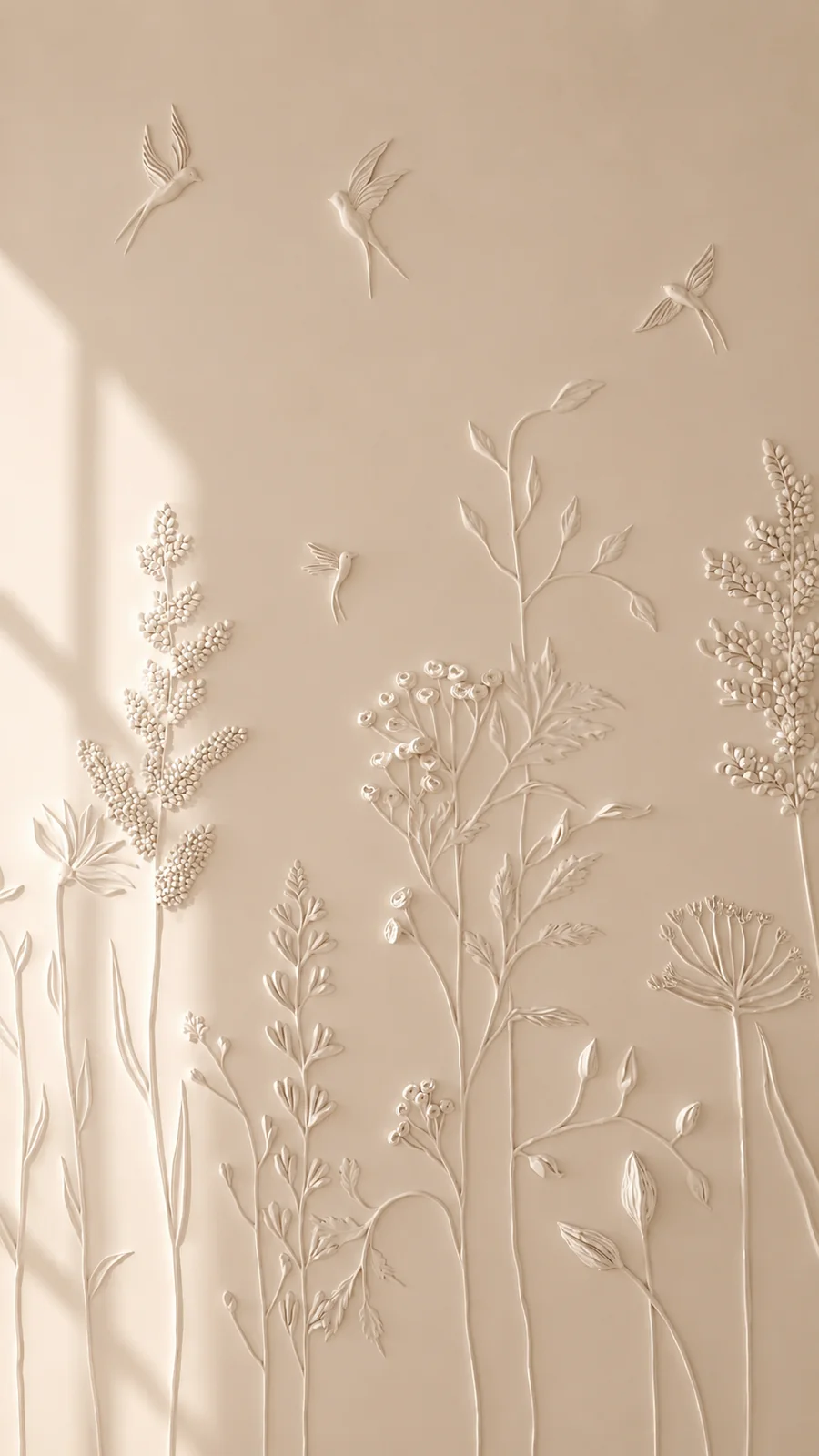 Botanical bas-relief wall illuminated by natural light to show depth and shadow by AnaKleo Studio