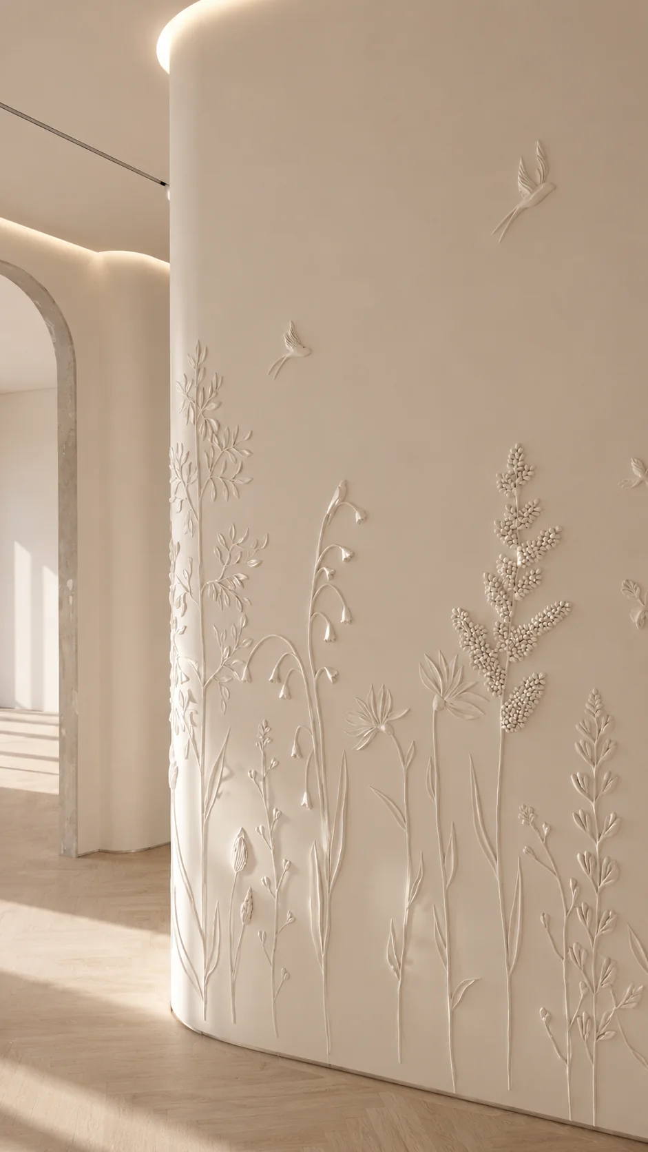 Custom botanical bas-relief integrated into a warm neutral interior by AnaKleo Studio